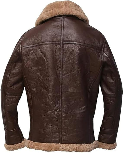 Mens Genuine Aviator Flight B3 Bomber Brown Shearling Sheepskin Arvin Leather Winter Jacket