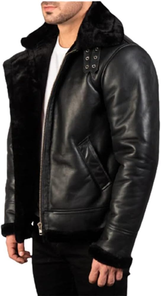 Mens Real Black Shearling Sheepskin Flying Bomber Aviator WW2 Winter Leather Jacket