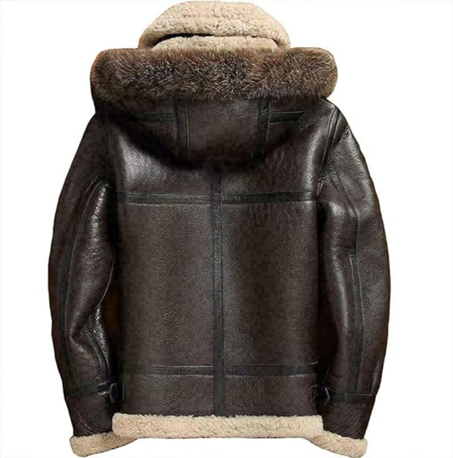 Men Real Leather Sheepskin Raccoon Fur Detachable Hood Winter Flying Jacket