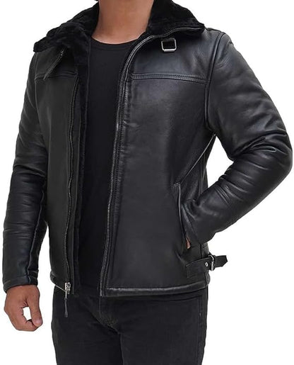 Black Real Shearling Sheepskin Bomber Aviator Flight Distressed Leather Jacket