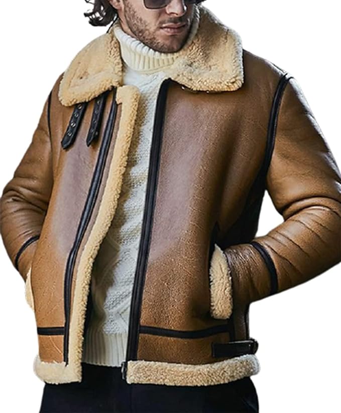 Mens B3 Genuine Bomber Flight Shearling Sheepskin Aviator Winter Fur Pilot Leather Coat