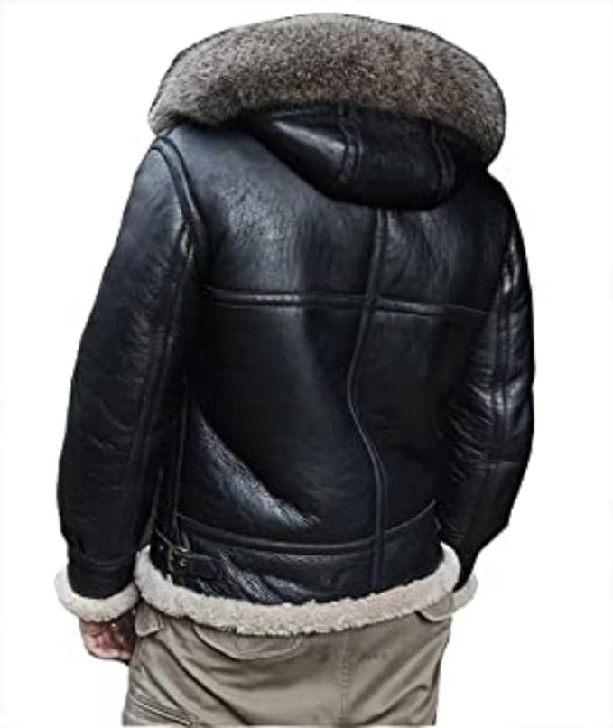 New Mens Sheepskin Shearling Detachable Hooded B3 Flight Jacket Raccoon Fur Collar Aviator Coat