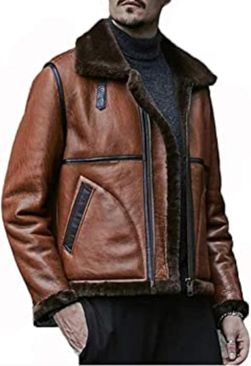 Mens Shearling B3 Flight Sheepskin Aviator Winter Coat Fur Bomber Leather Jacket