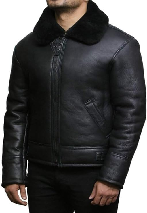 Mens Aviator Black RAF B3 Genuine Sheepskin Shearling Coat Flight Leather Winter Jacket