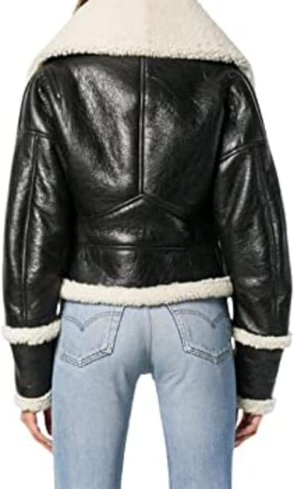 Womens's Short Black Fur Sheepskin Aviator Bomber Leather Jacket