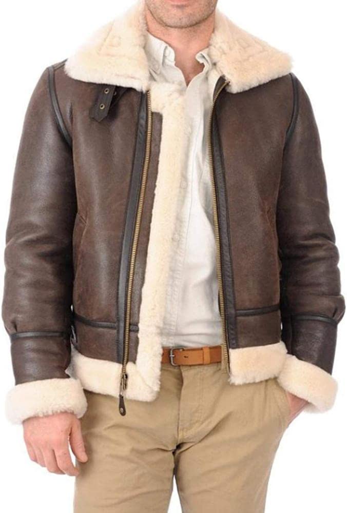 B3 RAF Real Fur Bomber Leather Aviator Flight Sheepskin Shearling Jacket (5XL)