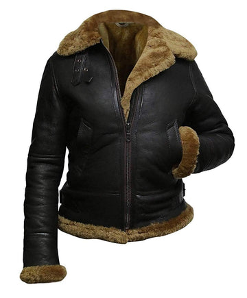 Generic B3 Fur Women Genuine Leather Aviator Flight Real Shearling Bomber Jacket Hoodie Black