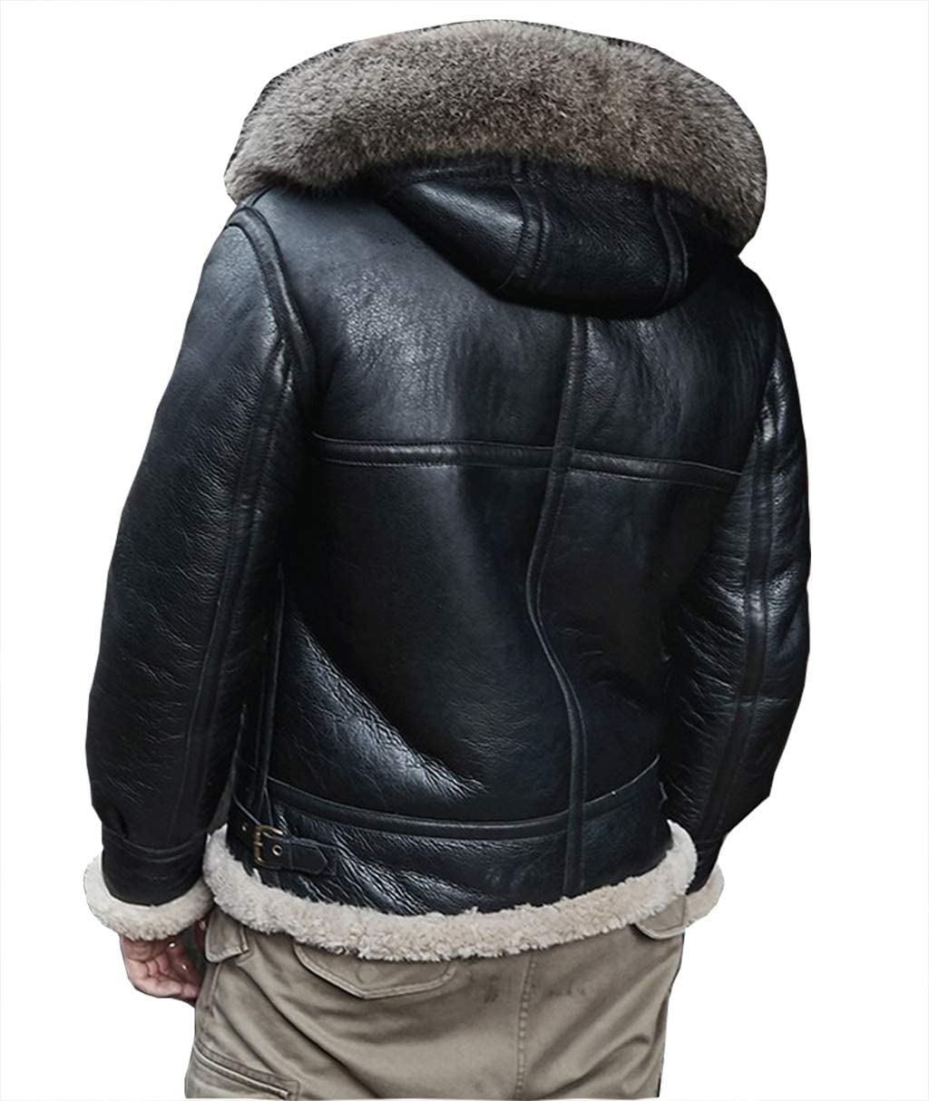 ZA Fashion Cloud Men’s Shearling Sheepskin Detachable Hooded B3 Flying Raccoon Fur Collar Aviator Coat