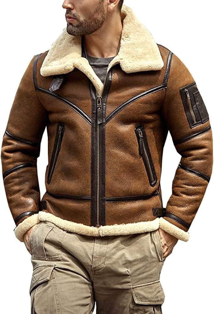 Mens Shearling B3 Bomber Flight Sheepskin Aviator Winter Coat Leather Jacket (4XL)