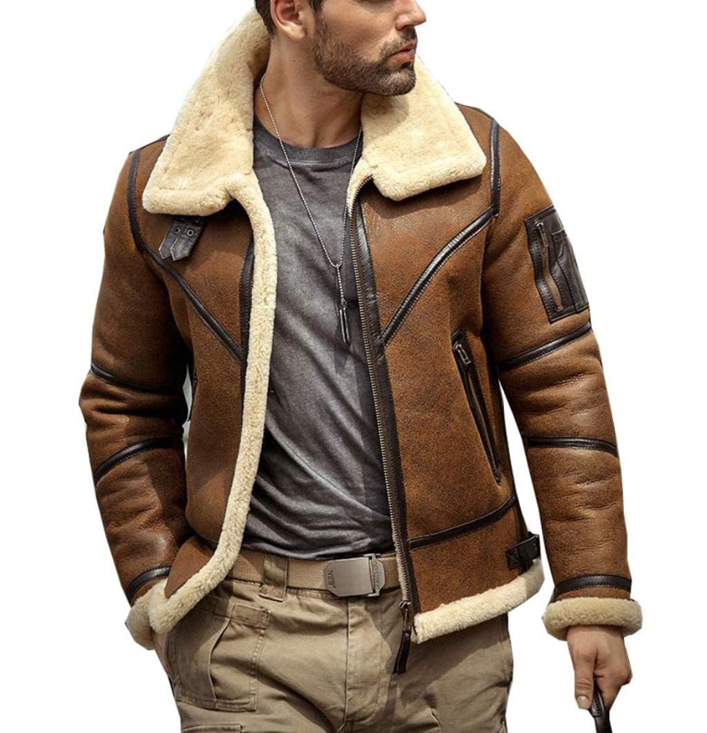 Mens Shearling Sheepskin B3 Flight Aviator Winter Coat Fur Bomber Leather Jacket (M)