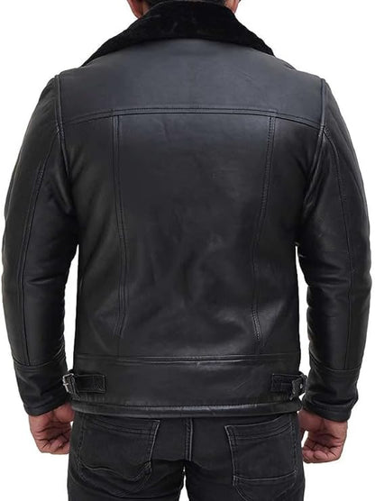 Black Real Shearling Sheepskin Bomber Aviator Flight Distressed Leather Jacket