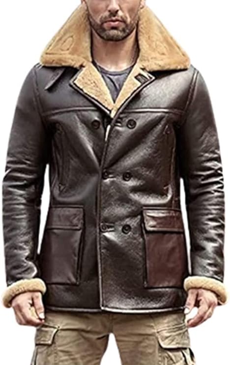 Mens Real Shearling Sheepskin B3 Flying Aviator Winter Coat Bomber Leather Jacket