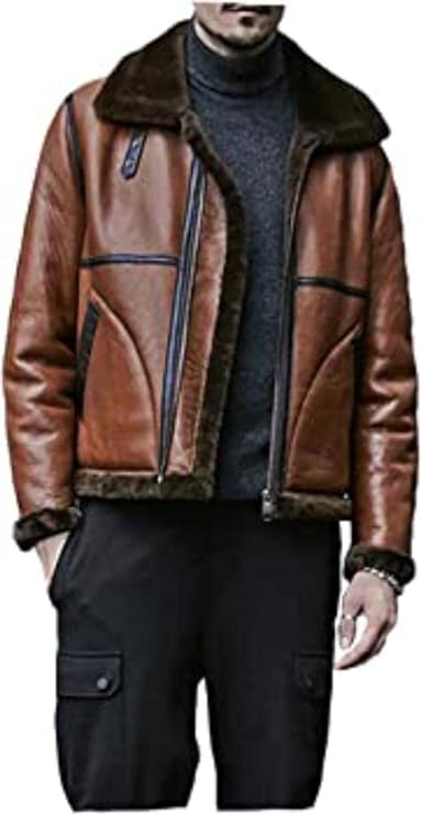 Mens Shearling B3 Flight Sheepskin Aviator Winter Coat Fur Bomber Leather Jacket