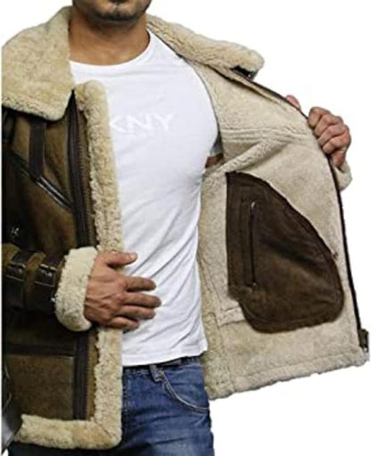 Mens Real RAF Shearling Sheepskin B3 Bomber Flying Pilot Aviator Leather Jacket Winter Coat