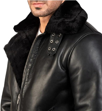 Mens Real Black Shearling Sheepskin Flying Bomber Aviator WW2 Winter Leather Jacket