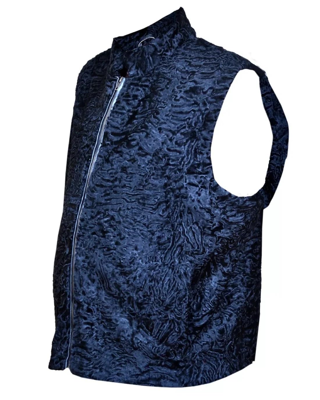 ZA Fashion Cloud Men's Persian Vest Lamb Fur Karakul Sleeveless Zipper Closer Black Winter Waistcoat Jacket
