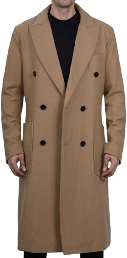 Men's Classic Double Breasted Quilted Coat Winter Warm Notched Collar Wool Overcoat