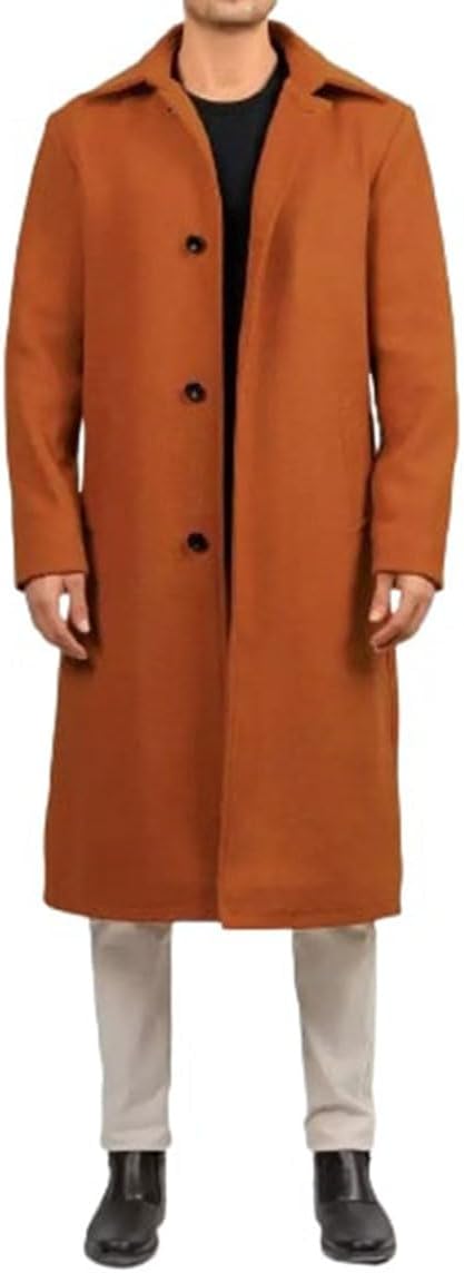 Men's Rust Brown Shirt Collar Knee Length Outerwear Warm Wool High Premium Coat