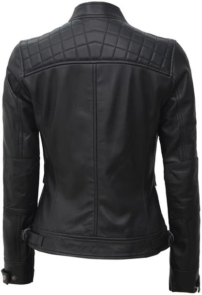 Black Genuine Women's Quilted Motorcycle Lambskin Leather Racer Jacket