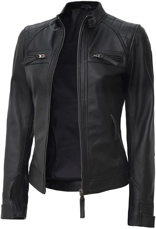 Black Genuine Women's Quilted Motorcycle Lambskin Leather Racer Jacket