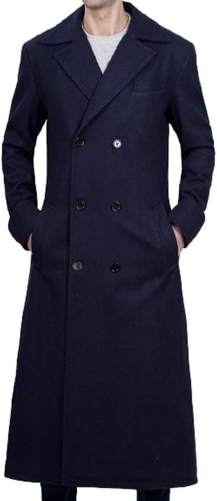 Men's Classic Coat Winter Warm Double Breasted Heavyweight Trench Dark Blue Wool Overcoat