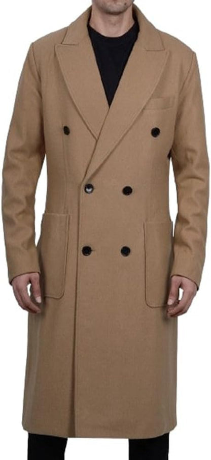 Men's Classic Double Breasted Quilted Coat Winter Warm Notched Collar Wool Overcoat