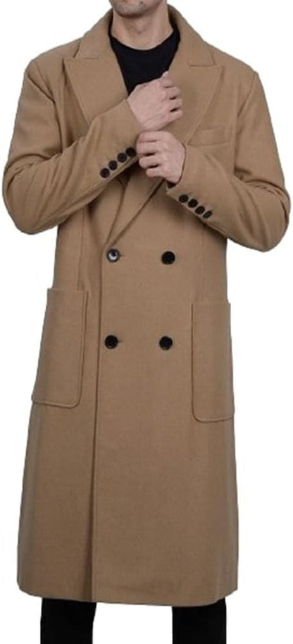 Men's Classic Double Breasted Quilted Coat Winter Warm Notched Collar Wool Overcoat