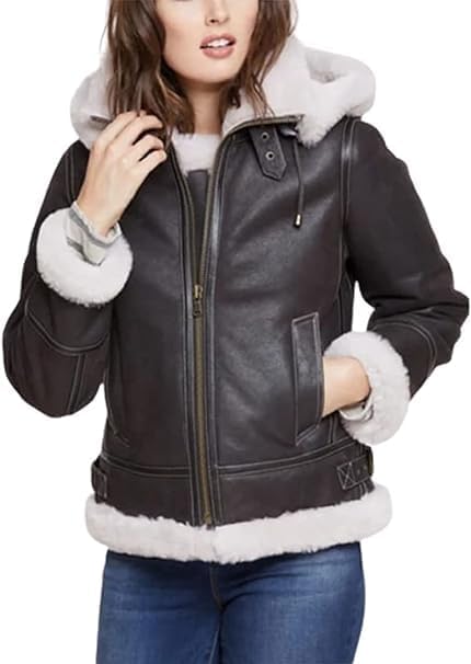 Women B3 RAF Aviator Flying Pilot Removable Hoodie Coat Shearling Sheepskin Fur Lambskin Winter Jacket