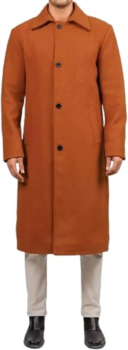 Men's Rust Brown Shirt Collar Knee Length Outerwear Warm Wool High Premium Coat