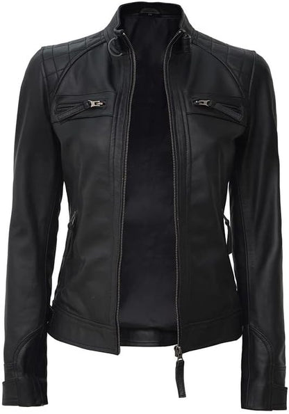 Black Genuine Women's Quilted Motorcycle Lambskin Leather Racer Jacket