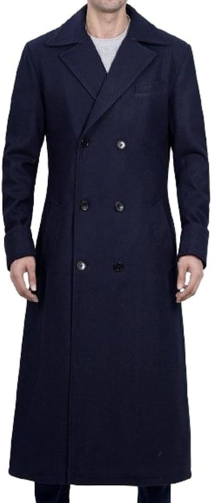 Men's Classic Coat Winter Warm Double Breasted Heavyweight Trench Dark Blue Wool Overcoat