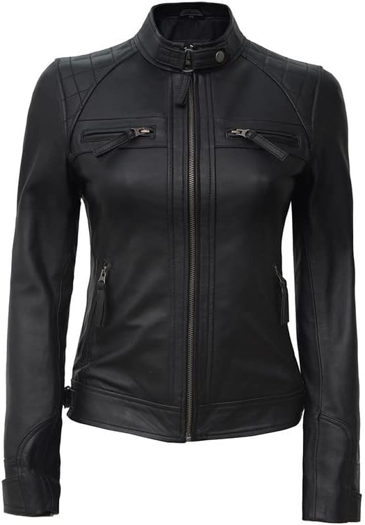 Black Genuine Women's Quilted Motorcycle Lambskin Leather Racer Jacket