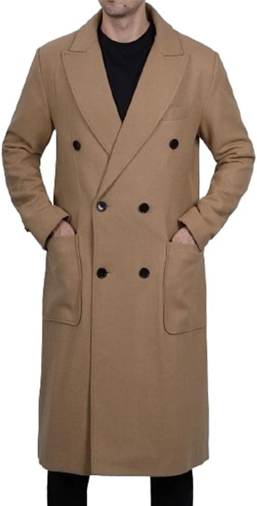 Men's Classic Double Breasted Quilted Coat Winter Warm Notched Collar Wool Overcoat