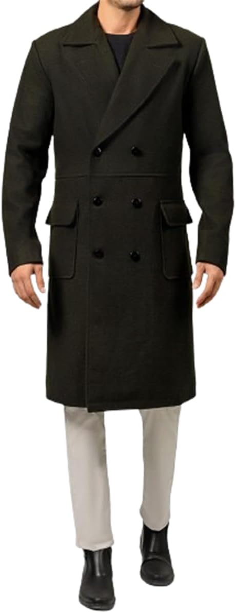 Men's Modern Fit Double Breasted Military Green Elegant Premium Trench Warm Coat