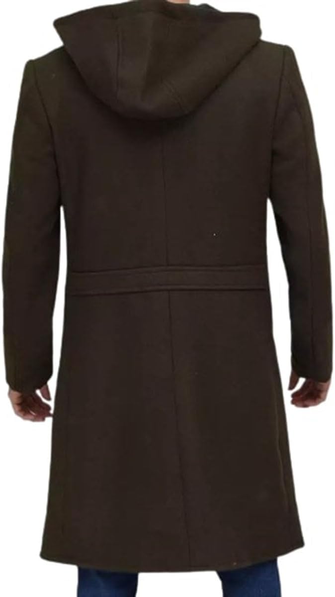 Men's Winter Olive Green Long Hooded Wool Classic Warm Premium Trench Overcoat