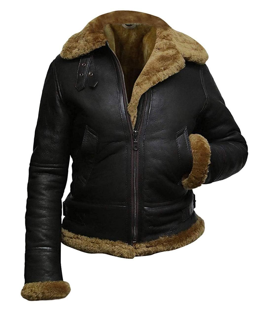 B3 Fur Women Genuine Leather Aviator Flight Real Shearling Bomber Jacket Hoodie (US, Alpha, XX-Large, Regular, Regular, Black)