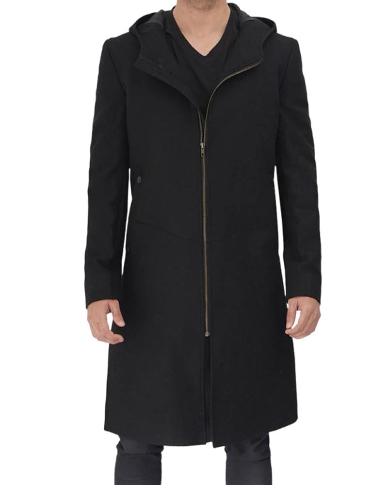Men's Black Slim Fit Long Wool Trench Full-Front Zipper Coat With Hood Warm Premium Heavy Winter Overcoat