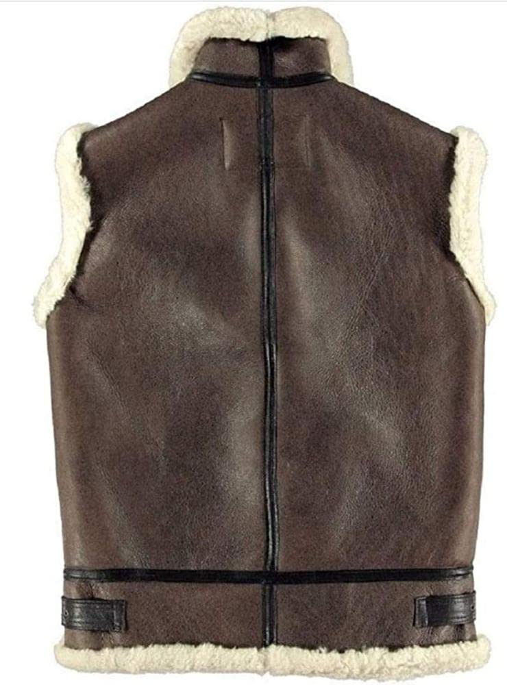 B3 Brown Bomber White Real Shearling Sheepskin Leather Winter Vest (5XL)