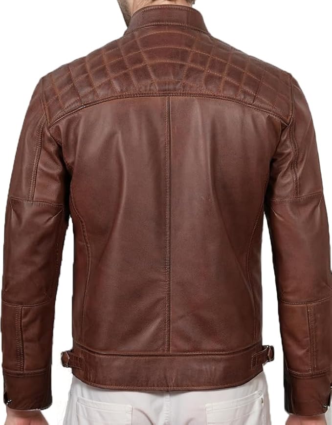 Men's VINTAGE Genuine Lambskin Motorcycle Jacket - All Season Premium Racer Slim Fit Biker Coat