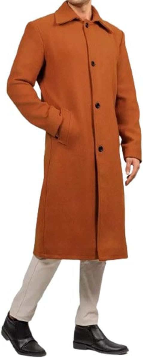 Men's Rust Brown Shirt Collar Knee Length Outerwear Warm Wool High Premium Coat