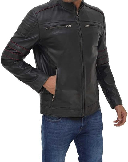 Men Real Biker Leather Lambskin Cafe Racer Black Jacket