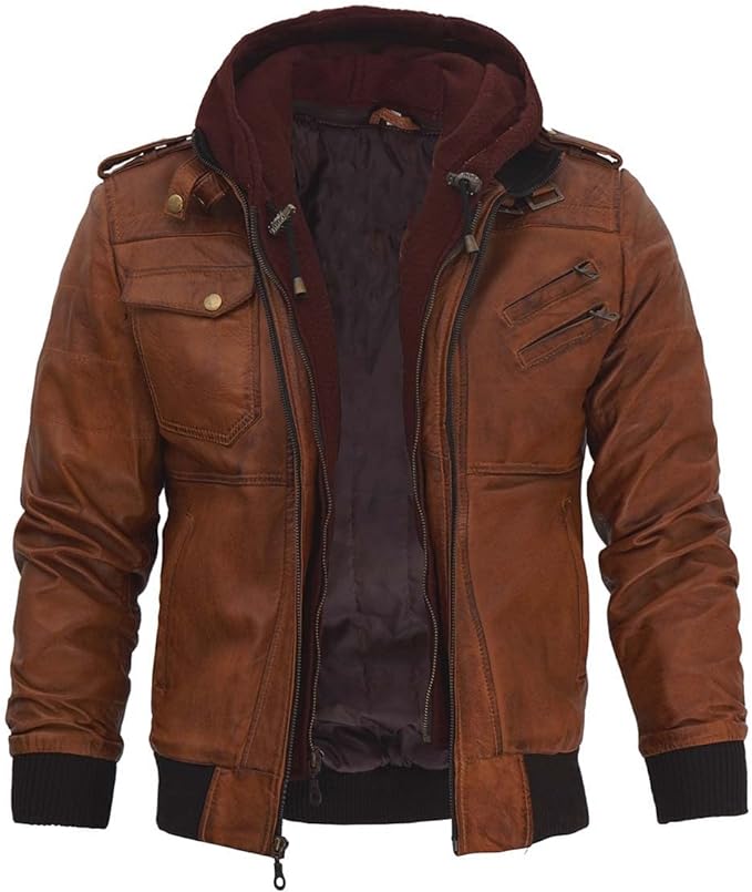 New Mens Genuine Brown Bomber Leather Jacket With Removable Hood