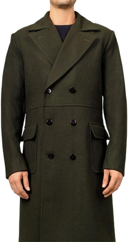 Men's Modern Fit Double Breasted Military Green Elegant Premium Trench Warm Coat