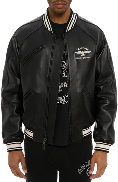 Men's A2 Black Avirex Genuine Lambskin Leather Biker Jacket Real Motorcycle Racer Coat