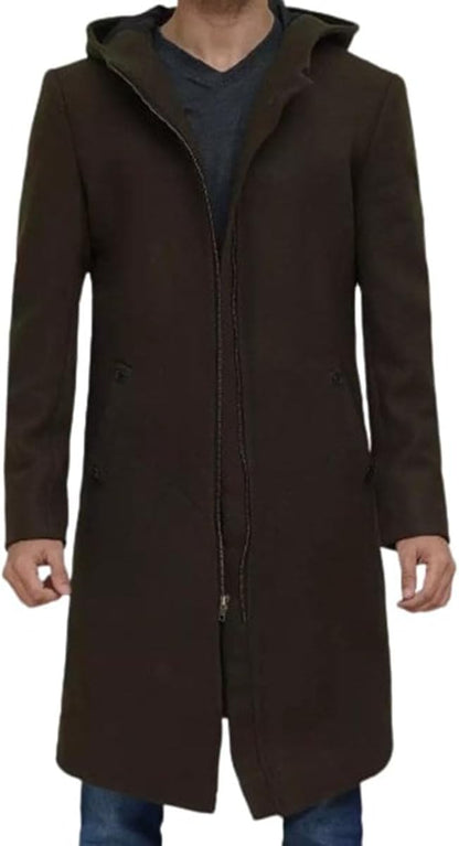 Men's Winter Olive Green Long Hooded Wool Classic Warm Premium Trench Overcoat