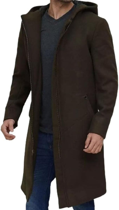 Men's Winter Olive Green Long Hooded Wool Classic Warm Premium Trench Overcoat