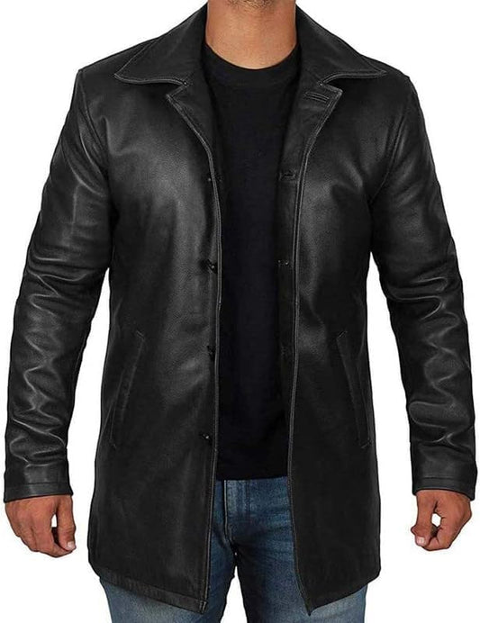 Men's Black Classic Leather Car Long Coat Real Lambskin Slim Fit Premium Outwear Jacket