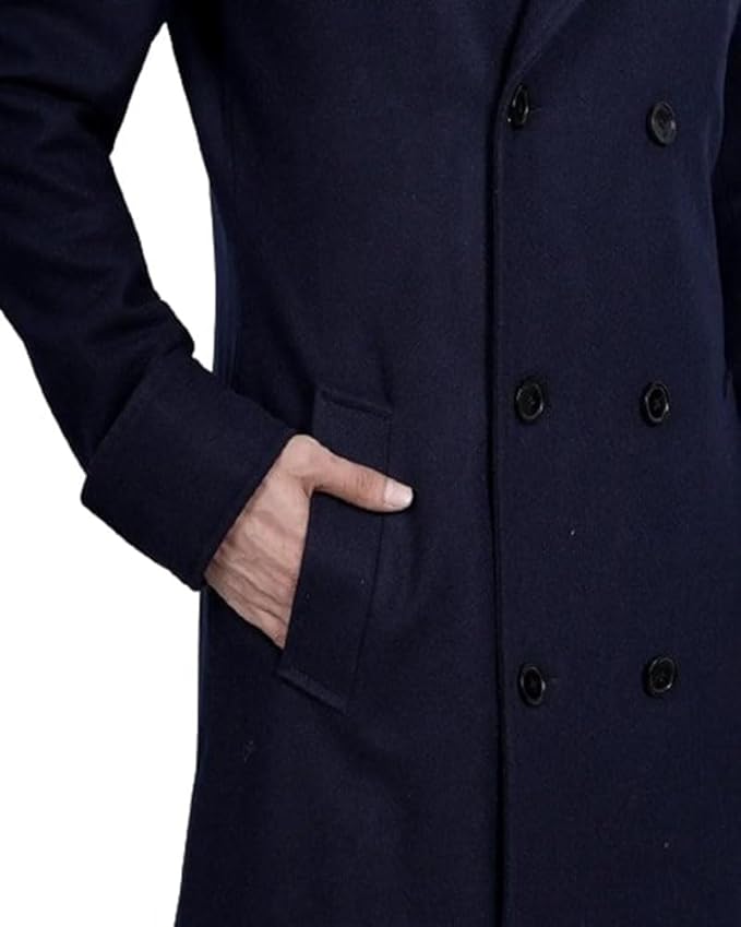 Men's Classic Coat Winter Warm Double Breasted Heavyweight Trench Dark Blue Wool Overcoat