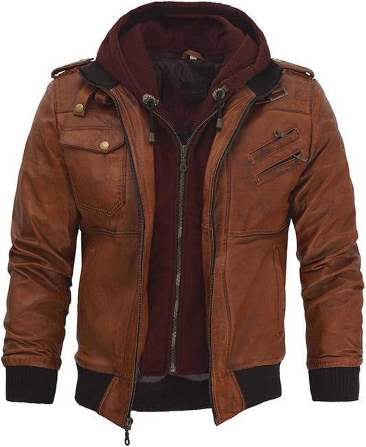 Genuine Brown Leather Bomber Jacket With Removable Hood Motorcycle Style Racer Coat For Men's