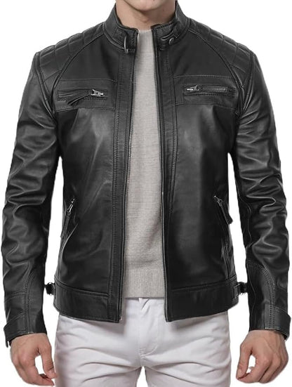 Men's VINTAGE Genuine Lambskin Motorcycle Jacket - All Season Premium Racer Slim Fit Biker Coat